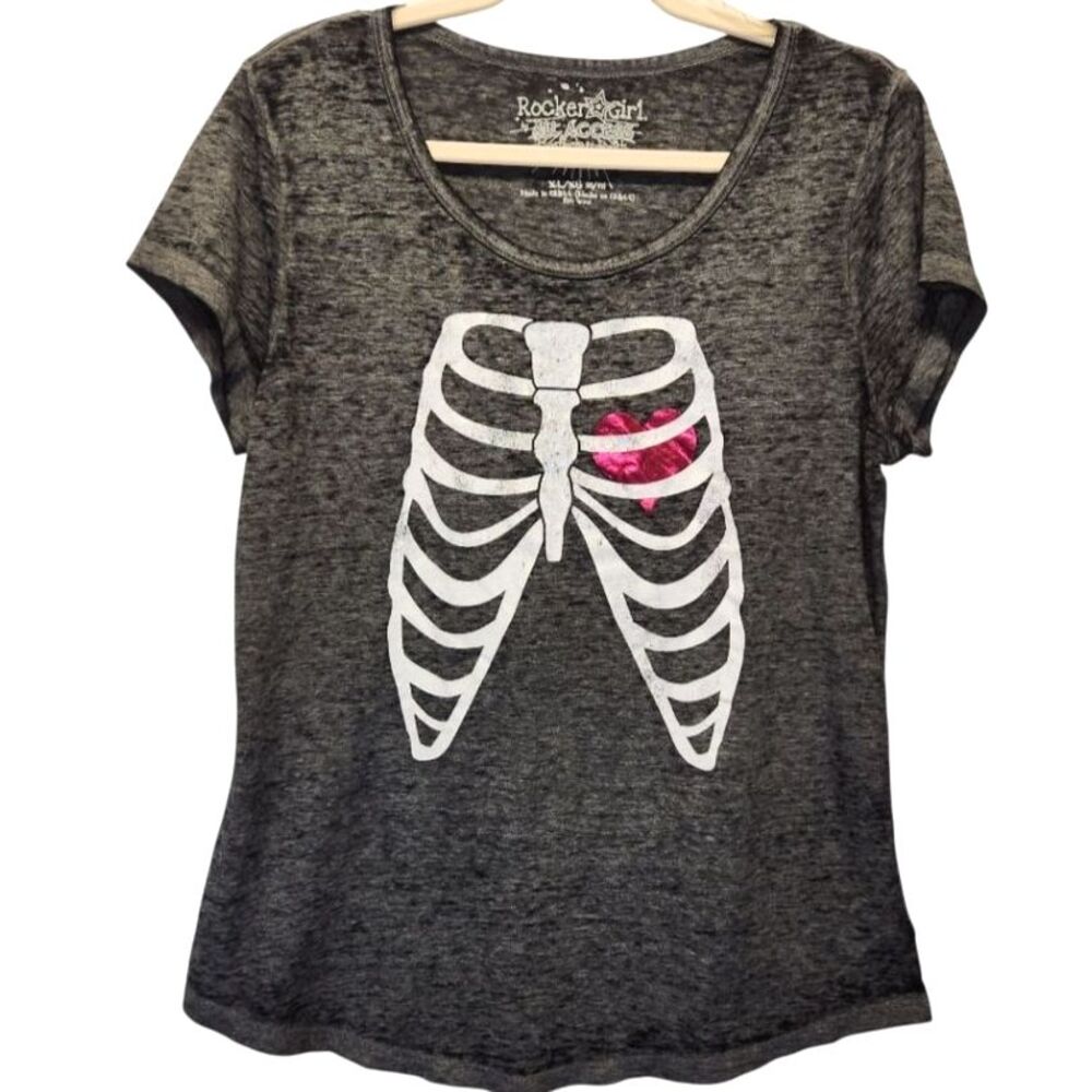 Rocker Girl Burnout T Shirt Heart in Ribcage Size XL Juniors or MED Women's